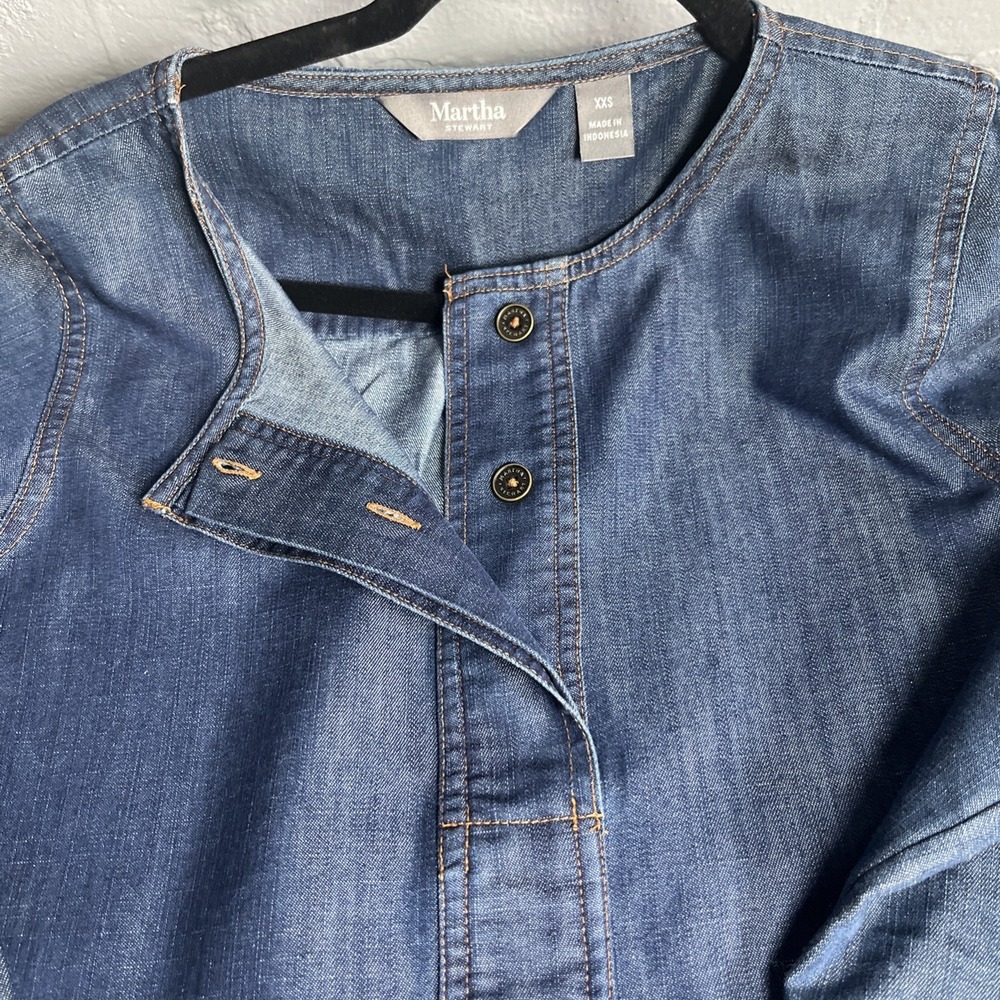 Martha Stewart Denim Chambray Tunic Shirt Women's Size XXS Blue 3/4  SLEEVE
